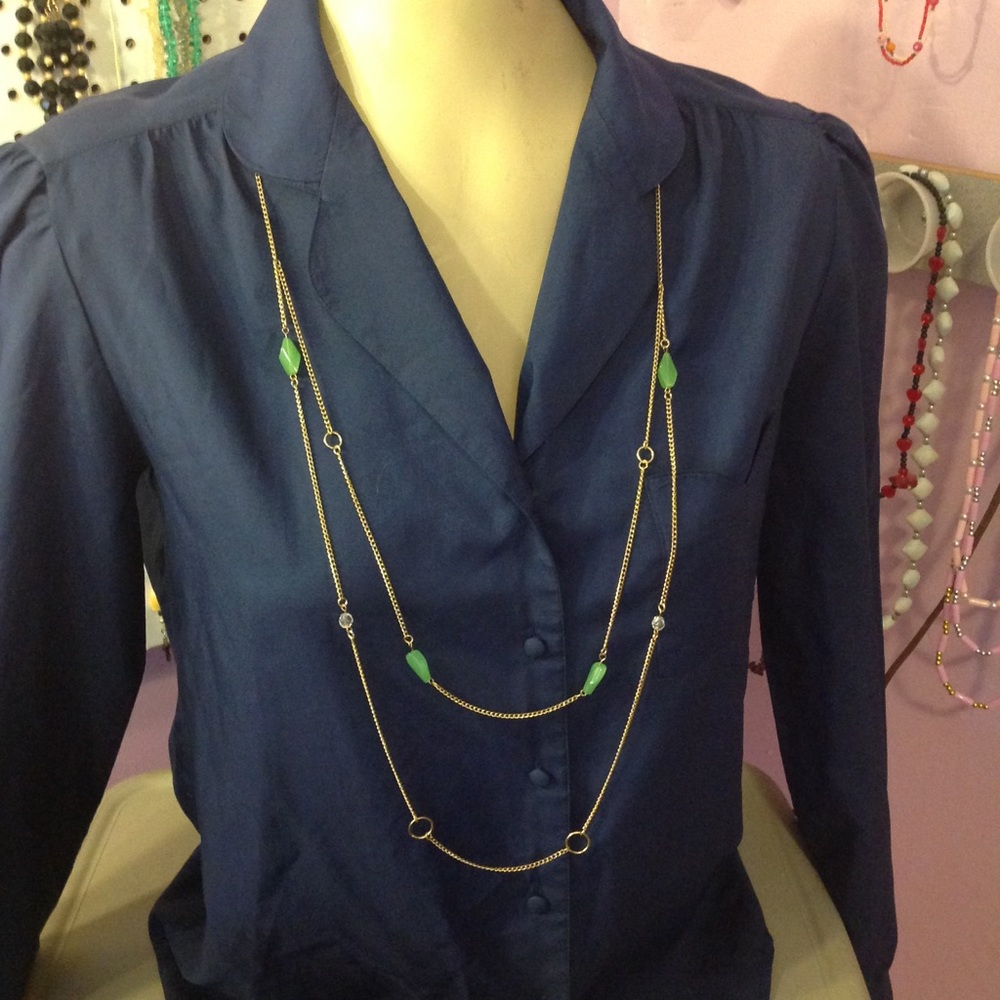 Handcrafted necklace - Gold and Green... lots of chain   ... X22